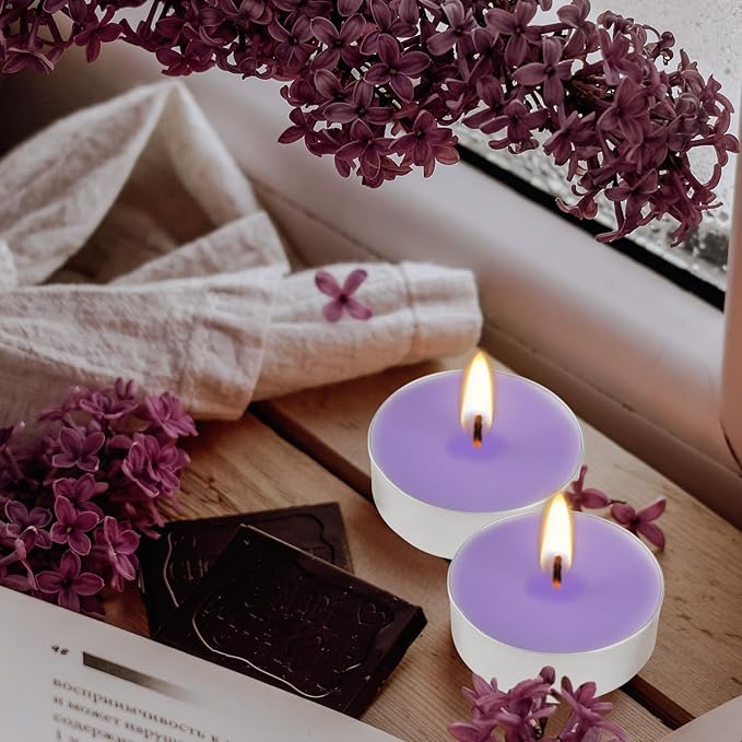 Purple Lavender Scented Tealight Candles - 4 Hours - Giant 100 Bulk Packs - Smokeless Tea Lights for Valentine's Day, Weddings,Christmas, Home Decorative