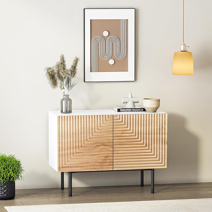 roomfitters Boho Sidboard Buffet Cabinet, Mid Century Accent Cabinet with Doors, Poplar Wood Print Carved and Geometric Design, Media Console for Living Room
