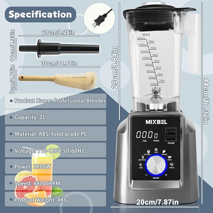 Professional Blenders for Kitchen 2200W High-Powered Blender for Smoothies with 68oz BPA-Free Pitcher, Preset Programs and Timer, Commercial Grade Countertop Blender, Ice Crushing, Shakes