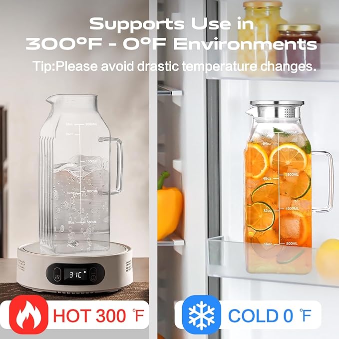 Aofmee 68oz Glass Pitcher for Fridge Door, 2 Liter Square Water Pitcher with Lid and Scale Line, Heat Resistant Tea Pitchers, Leak Proof Juice Jug, Borosilicate Glass Carafe for Hot/Cold Beverage