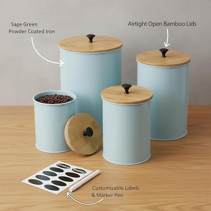 Kitchen Canisters for Countertop Set of 4 with Customizable Chalkboard Labels & Marker Pen - Big Iron Kitchen Canisters with Airtight Lids - Sage Green Canister Set - Flour and Sugar Containers