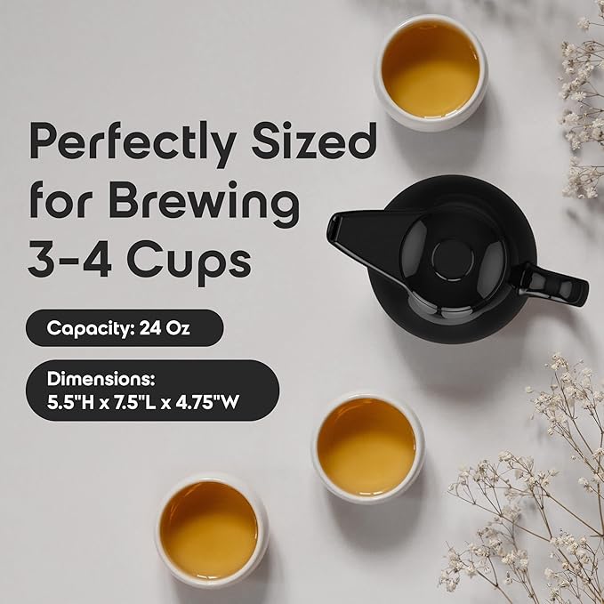 OmniWare 24 Oz Stoneware Teapot with Stainless Steel Mesh Infuser (Black) - Microwave & Dishwasher Safe, Removable Infuser, Retro-Style Kitchenware Ideal for Loose Tea Brewing