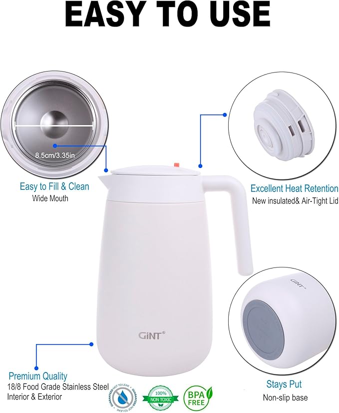 GiNT 54Oz/1.6L Thermal Coffee Carafe Wide Mouth - Double Wall Vacuum Insulated Stainless Steel Beverage Dispenser with Safety Lock | 12H Hot & 24H Cold Retention (White)