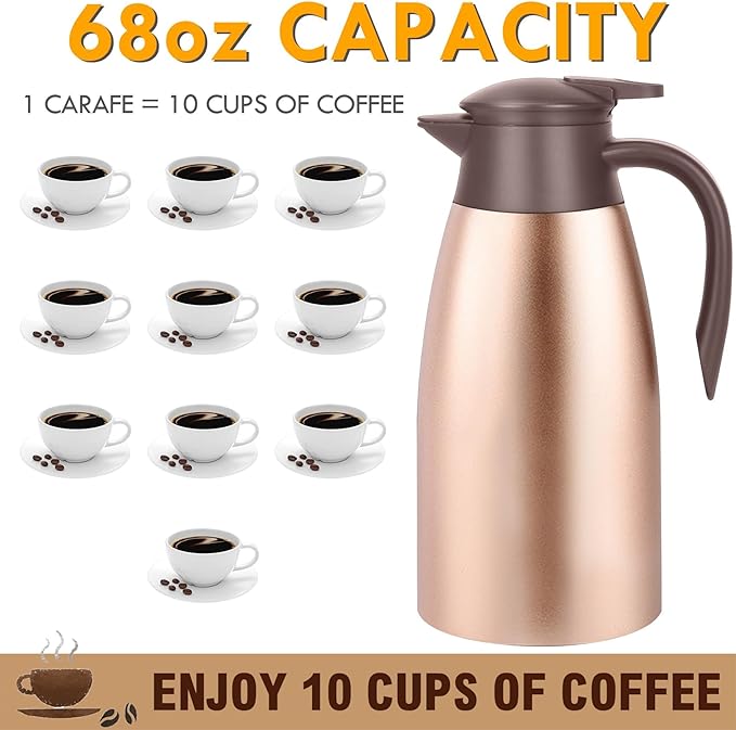 68oz Thermal Coffee Carafe, 2 Pack Airpot Insulated Coffee Urns Stainless Steel Vacuum Thermal Pot Dispenser for Coffee, Hot Water, Tea, Hot Beverage - Keep 12 Hours Hot, 24 Hours Cold (Rose Gold)