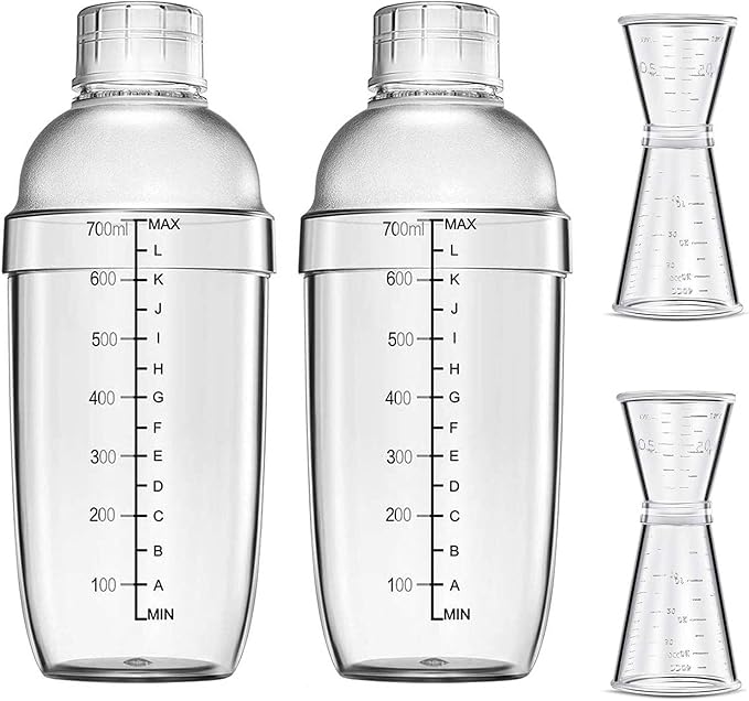 4 pcs Clear Cocktail Shaker Set 2 pcs Plastic bar Shaker with 2 pcs Plastic Cocktail Double Measuring Jigger