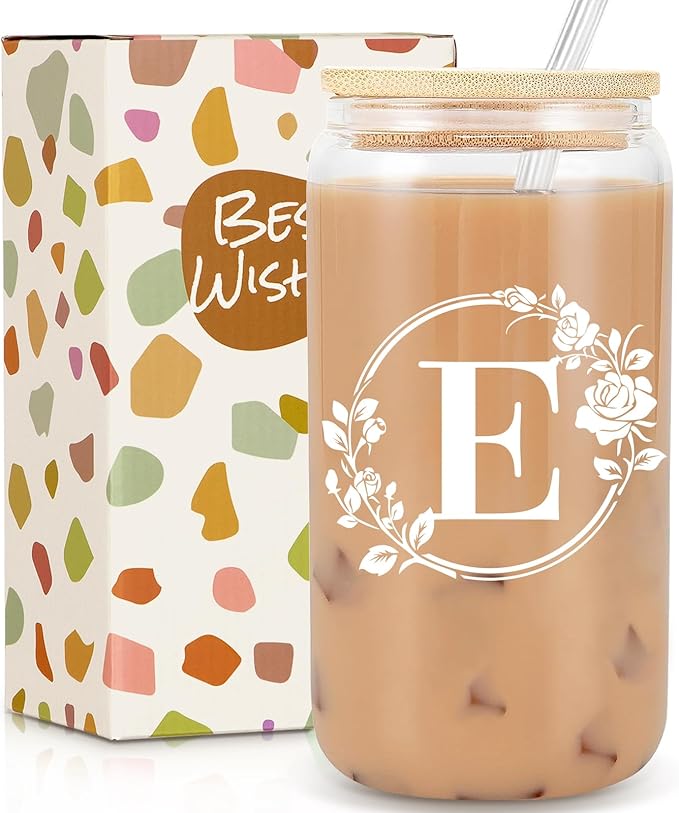 Birthday Gifts for Women, Monogrammed Initial Glass Cup Personalized Gifts for Women, 16oz Glass Cups with Lids and Straws, Iced Coffee Cup, Beer Can Shaped - Gift for Christmas, Birthday, E