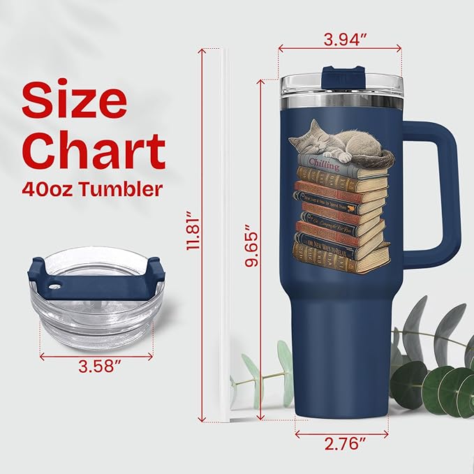 34HD Cat Coffee Tumbler with Handle & Straw, 40 oz Stainless Steel Vacuum Insulated Cat Book Travel Mug, Birthday Christmas Mothers Day Gifts for Pet Lovers Women Mom Librarian Her