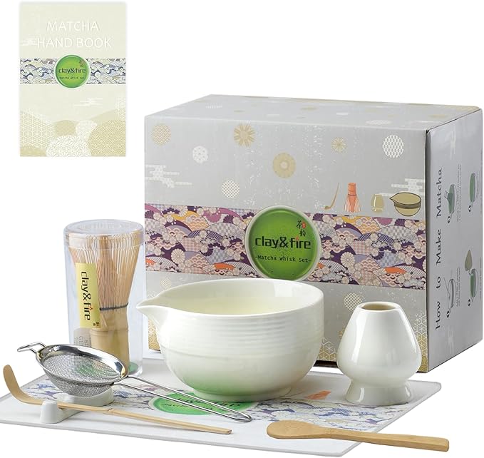 Clay&Fire Matcha Whisk Set, Ceramic Matcha Set, Matcha Bowl with Spout and Whisk,9 pcs Matcha Tea Kit for Matcha Lovers, Ideal Gift Christmas, Birthday（Beige）