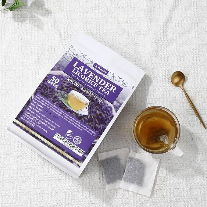 Premium 50 Lavender Licorice Tea Bags, Made with Natural Lavender Flowers & Wild Licorice Root, for Relaxation & Sleep & Wellness, Caffeine Free & No Artificial Flavors.