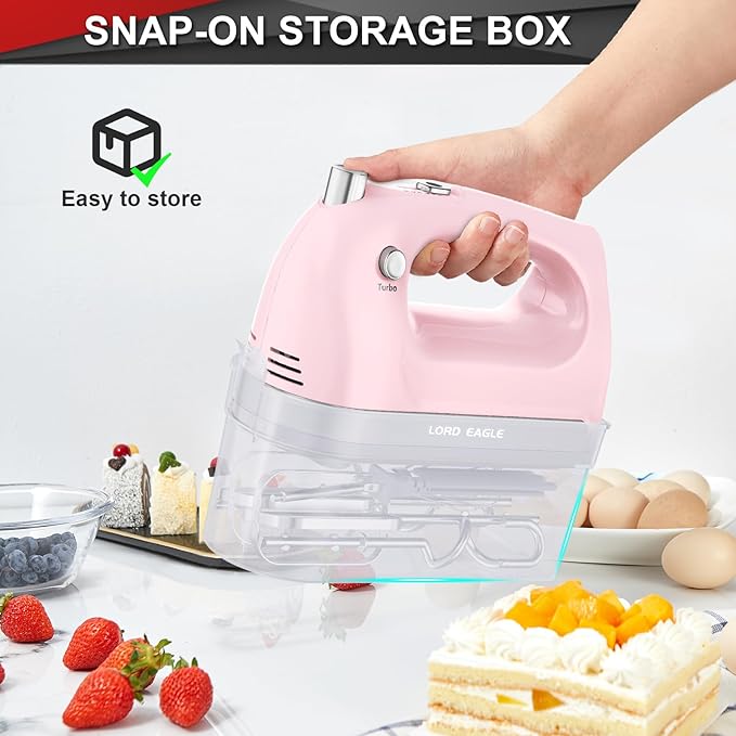 Lord Eagle Hand Mixer Electric 400W, 5 Speed handheld Mixer, 5 Stainless Steel Accessories for Baking Cake Egg Cream Food Beater, Turbo Boost/Self-Control Speed + Eject Button, Pink