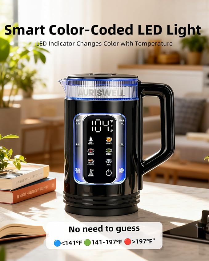 Electric Tea Kettle with Temperature Control, 1.5L Glass smart Water Boiler for Tea, Coffee & Boil, Automatic Shut Off, 12h Keep Warm & One-Touch 6 Presets