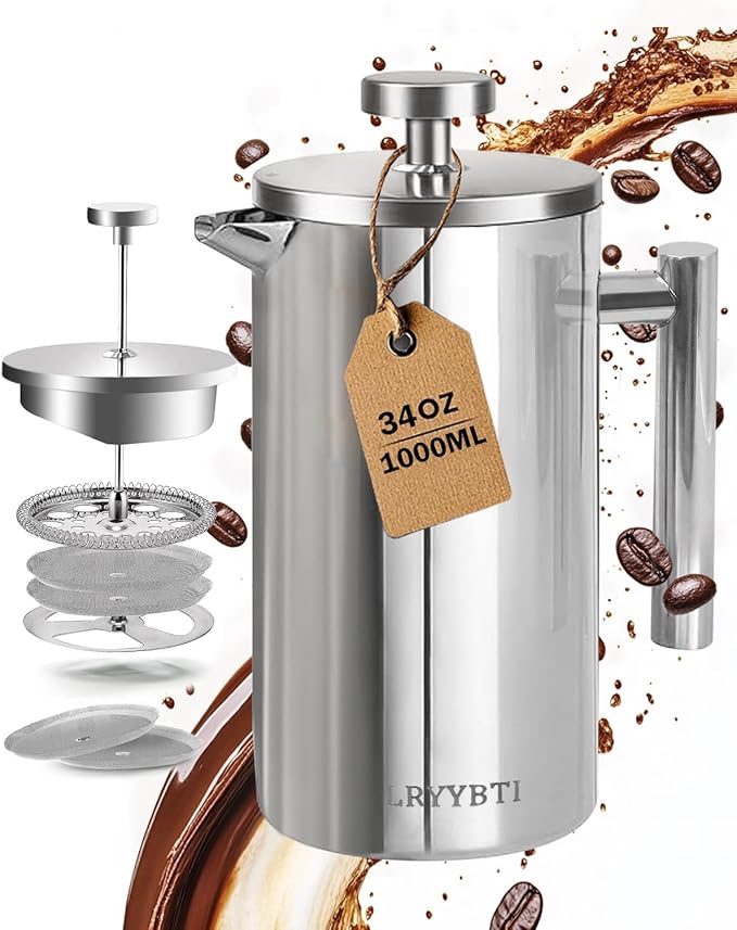 French Press Coffee Maker,304 Stainless Steel Coffee Press with scale lines and 2 Extra Filters for Kitchen & Camping (Silver, 34 OZ) 1 Litre