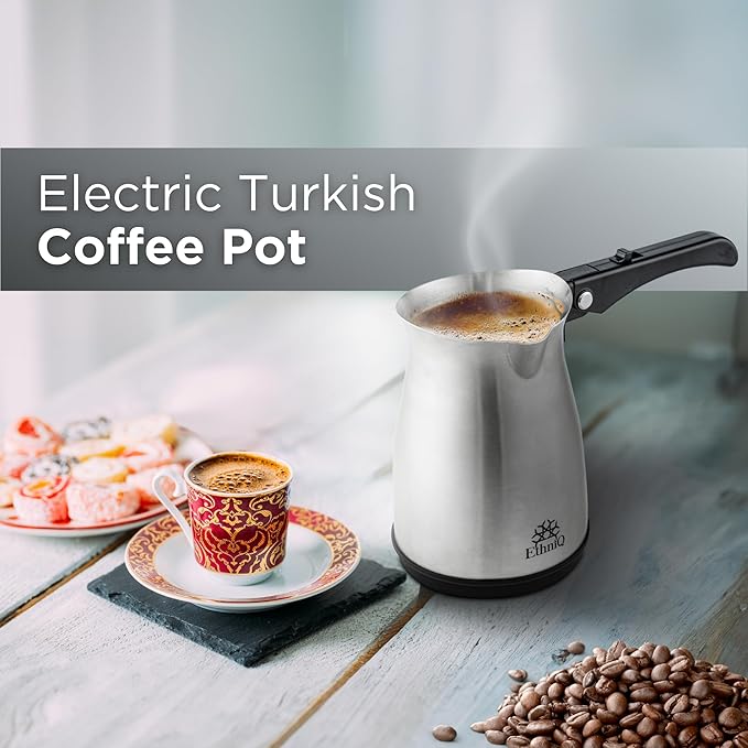 ETHNIQ Turkish Coffee Pot - Stainless Steel, 120V, 1 to 4 Cup Capacity, Coffee Maker with Foldable Handle for Home & Travel & on-off Button (Slow Brew)