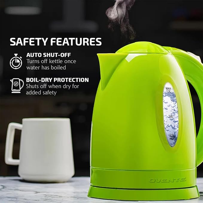 OVENTE Electric Kettle, 1.7L Fast Boiling Water Heater for Coffee or Tea, BPA Free with Water Level Gauge, Auto Shut-Off, Boil-Dry Protection, Indicator Light and Removable Filter, Green KP72G