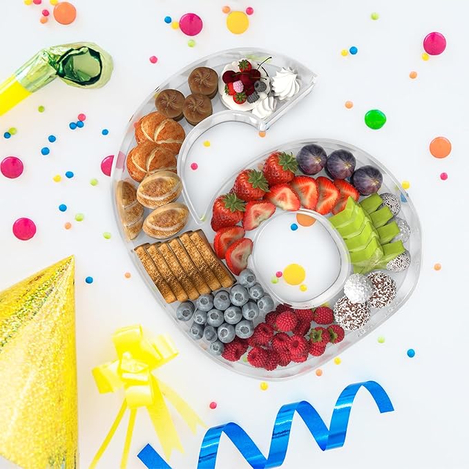 11" Acrylic Number Charcuterie Tray, Fillable Number Charcuterie Box for Food, Reusable Serving Cake Candy Dish Display Tray for Birthday Anniversary Party Decoration (Number 6)