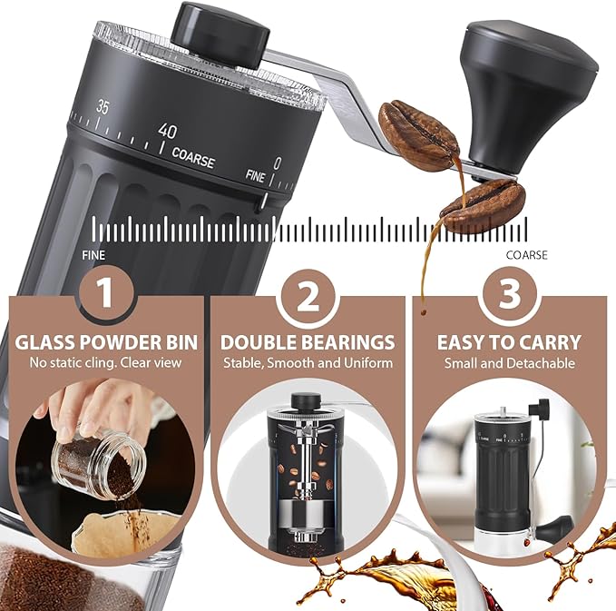 Manual Coffee Grinder with 40 External Adjustments, 30g Capacity Hand-Crank Bean Mill, Compact Conical Burr Grinder for Espresso, Pour Over, French Press, Travel/Camping/Office