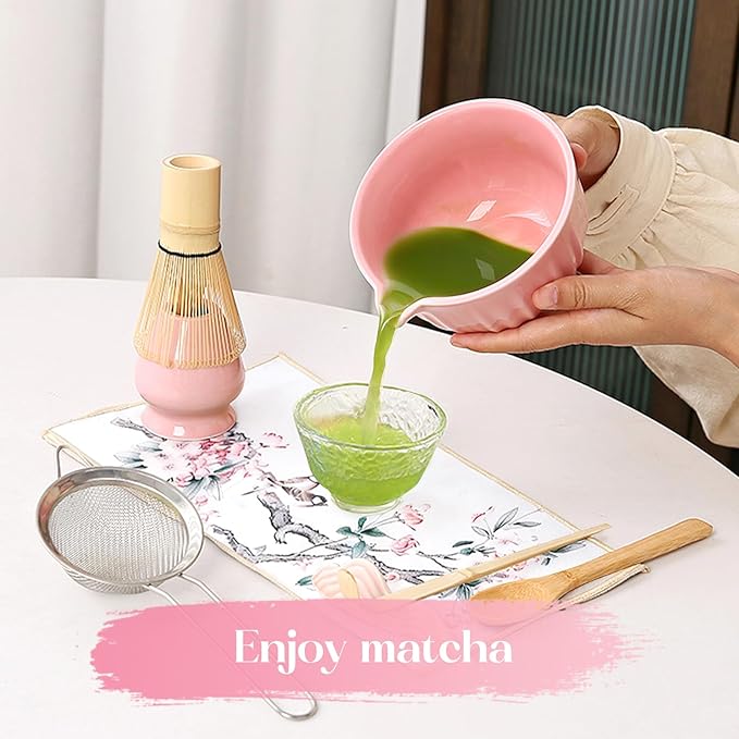 Matcha Whisk Set, 8 Pcs Matcha Kit Includes Matcha Bowl with Spout, Bamboo Whisk, Ceramic Holder, Bamboo Scoop x2, Scoop Rest, Stainless Sifter and Tea Towel, Gift for Matcha Lover (Pink)