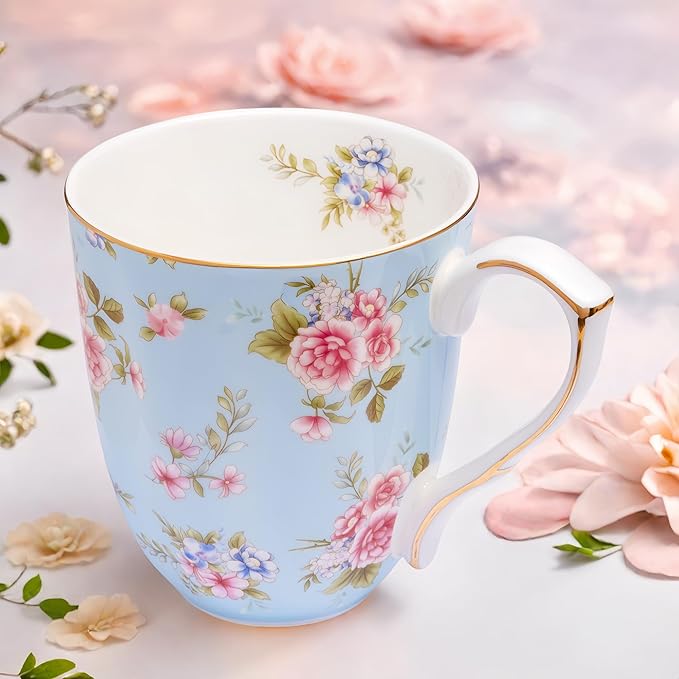 13oz Bone China Floral Mug with Gold Bone China Coffee Mugs Bone Teacup Christmas Mugs Birthday Gifts for Women Mom Friends Coworker