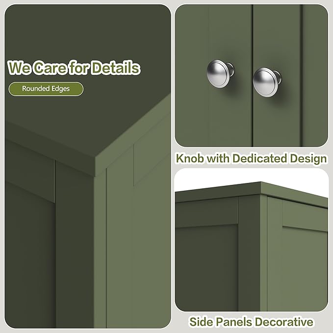 Nuturelly Bathroom Floor Storage Cabinet, Freestanding Pantry Cabinets with 4 Doors & 3 Adjustable Heights, Bathroom Organizers and Storage with Top Board & Metal Handles for Kitchen, Pale Green