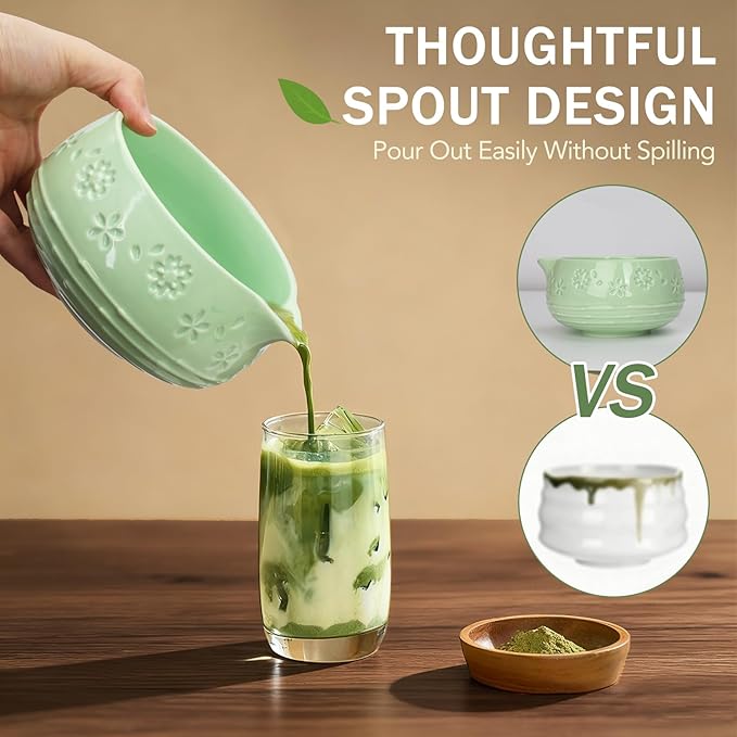 Matcha Whisk Set, Ceramic Bowl with Spout, Bamboo Matcha Whisk & Spoon, Chasen Holder, Scoop Rest, Sifter, 8-Pcs Japanese Ceremony Matcha Powder Kit–Christmas Gift for Women-Mint