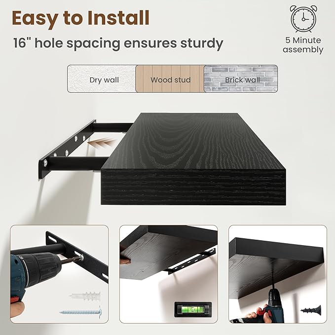 55 Inch Floating Shelves for Wall, 8 Inch Deep Floating Shelf for Storage & Display, Rustic Wall Mounted Shelf with Invisible Brackets for Living Room, Kitchen, Bathroom, Home Decor, Set of 2, Black
