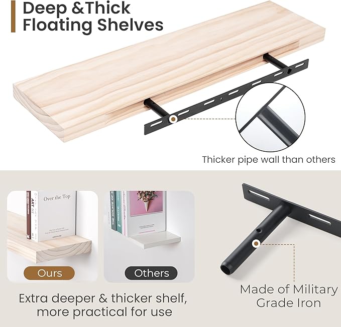 Fun Memories Farmhouse Floating Shelves - 8 Inch Deep Rustic Wood Wall Shelf - Premium Solid Pine Wood Storage Shelf for Kitchen Living Room Bedroom - 30" W x 8" D - Set of 2 - No Stain - Unfinished