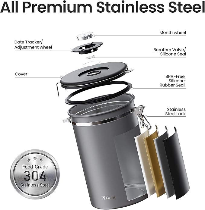 Veken Coffee Canister, 39OZ Large, Airtight Stainless Steel Food Storage Container for 2.2lbs Coffee Beans,Ground, Sugar,Espresso,Rice,Tea,Flour, Cereal,Home Kitchen Pantry Bar Accessories, Gifts,Gray