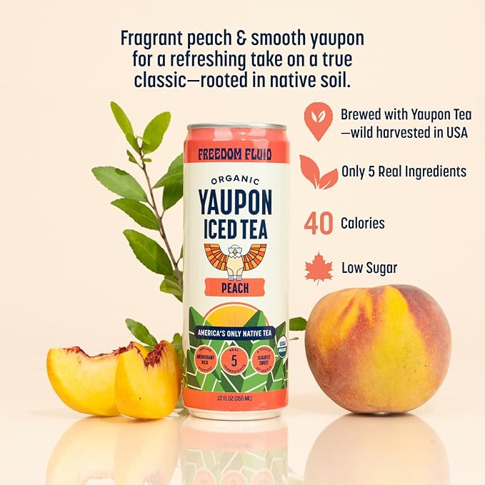 Freedom Fluid Organic Yaupon Iced Tea – Refreshing Peach | Herbal Tea Drink | Lightly Sweetened, Low Sugar, Low Calories, Real Brewed Tea, Clean Ingredients, Antioxidant Rich, Natural Caffeine, 12 Pack (12 oz cans)