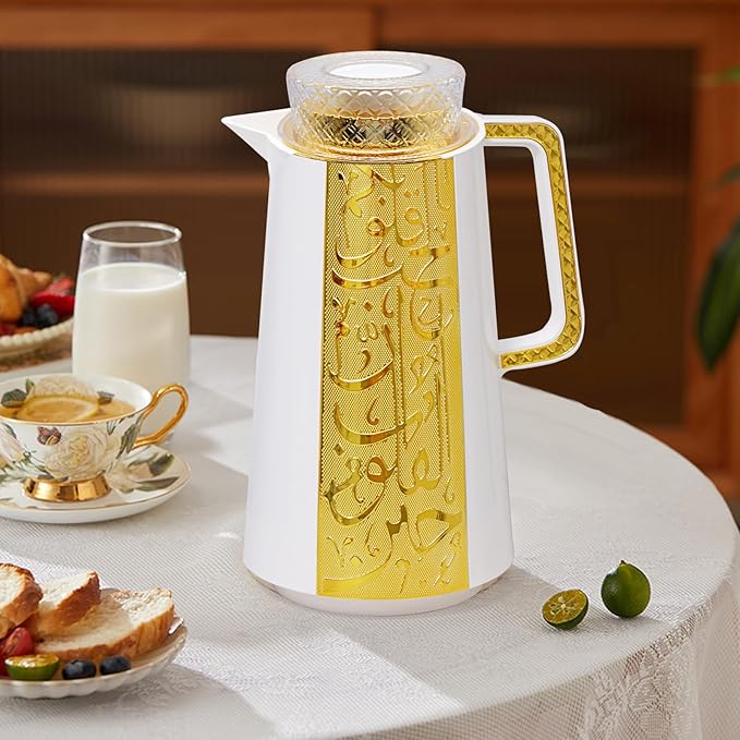 Arabic Style Insulated Coffee Carafe,33 oz,Vacuum Thermal Pot Double Wall Insulation with Lid Teapot,Keeping Hot/Cold,Tea, Water, and Coffee Dispenser,Housewarming Ornaments (White and Gold)