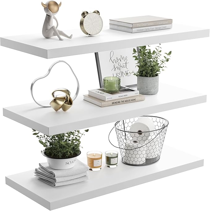 Wall Shelf Set of 3, White Floating Shelves 30 in W x 10 in D x 1 in H, Wooden Floating Wall Shelf with Invisible Brackets for Living Room/Bedroom/Bathroom/Kitchen Storage and Decor