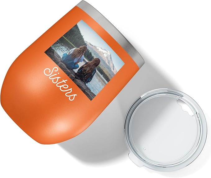 Personalized 12oz (17 Colors) Mother's Day Photo Printed Insulated Stainless Steel Powder Coated Stemless Wine Tumbler with Lid, Customized Gift Idea for Her, Custom Coach Gifts Team Mom Dad (Orange)