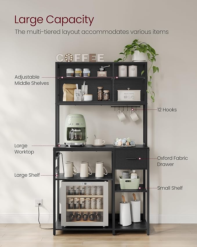 VASAGLE Bakers Rack with Charging Station, Coffee Bar, 15.7 x 39.4 x 71 Inches, Kitchen Microwave Stand, Adjustable Storage Shelves, Fabric Drawer, 12 Hooks, Charcoal Gray and Ink Black UKKS027B01