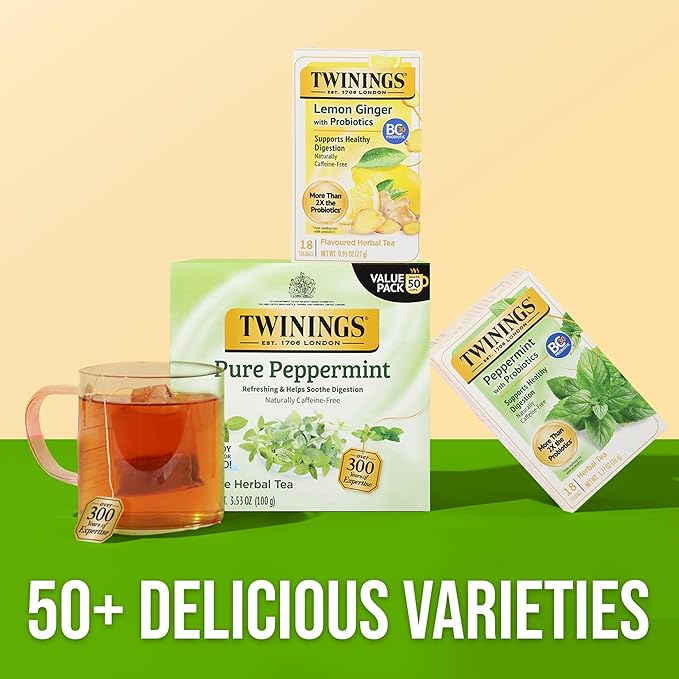 Twinings Superblends Probiotics+ Peppermint & Fennel Herbal Tea, 250 Million CFUs per Cup, 18 Tea Bags (Pack of 1), Naturally Caffeine-Free, Enjoy Hot or Iced