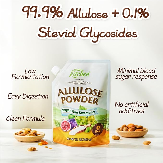 Your Kitchen Allulose Sweetener 14.1 Ounce – 99.9% Allulose Powder | Zero Calorie Sweetener | No Erythritol Sugar Substitute | Non GMO, Gluten Free Sugar Alternative Ideal for Baking & Beverages