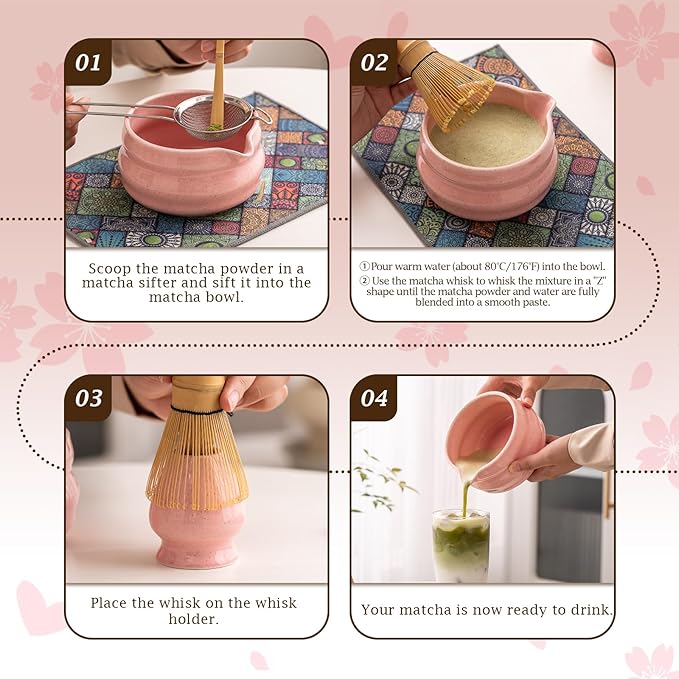 7 Pcs Matcha Kit, Matcha Bowl with Spout, Bamboo Whisk And Scoop, Ceramic Holder And Scoop Rest, Stainless Steel Sifter, Tea Towel. Speckled Pink Glaze Matcha Whisk Set for Beginners And Gifting