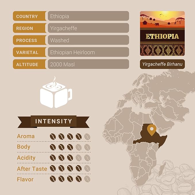 Ethiopian Yirgacheffe Coffee, Whole Bean Coffee, Premium Ethiopia Yirgacheffe Single Origin Fresh Roasted Coffee Beans | Cubico Coffee | 12 Ounce Bag
