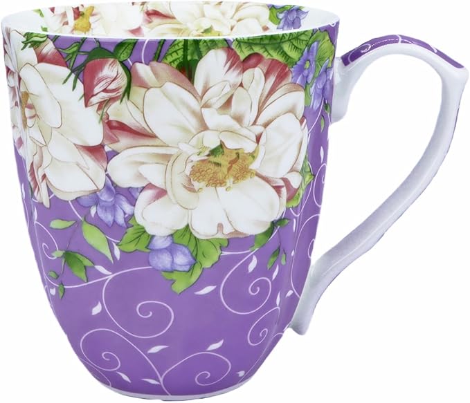 14oz Bone China Coffee Mug Floral Bone Mug Cute Coffee Mugs Teacup for Women Mom Friend (Romantic Purple)