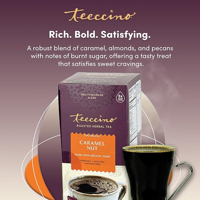 Teeccino Caramel Nut Herbal Tea - Rich & Roasted Herbal Tea That’s Caffeine Free & Prebiotic for Natural Energy, Coffee Alternative, 25 Count
