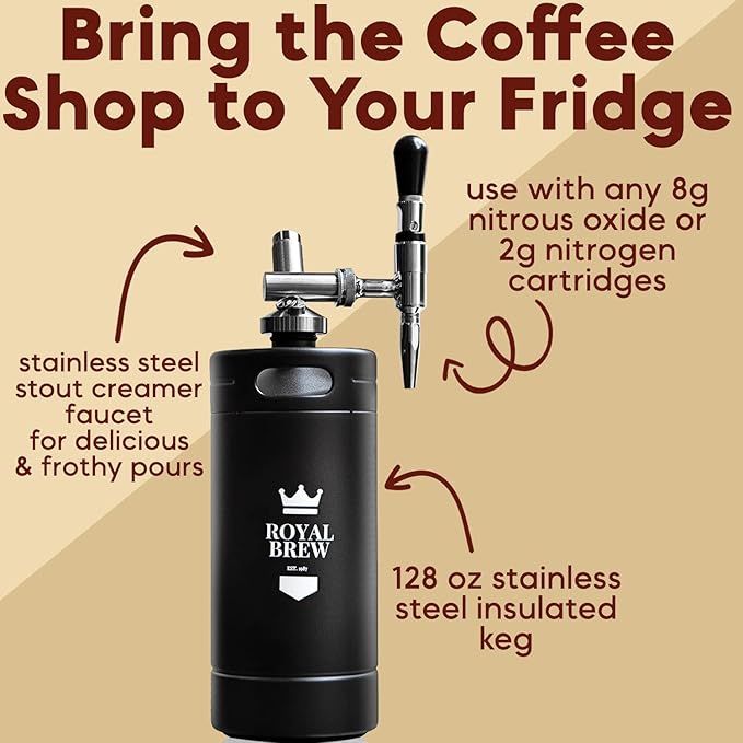 The Original Royal Brew Nitro Cold Brew Coffee Maker - Gift for Coffee Lovers -128 oz Extra Large Home Keg, Nitrogen Gas System Coffee Dispenser Kit - Use Nitrogen or Nitrous Oxide