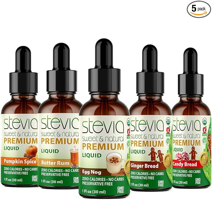 Stevia Intl - Holiday & Seasonal Special (Pack of 5). Premium Stevia Drops with 5 Flavors in Glass Bottles. 100% All-Natural Sweet, Non-Bitter, NON-GMO, Diabetic & Keto Friendly (1oz)