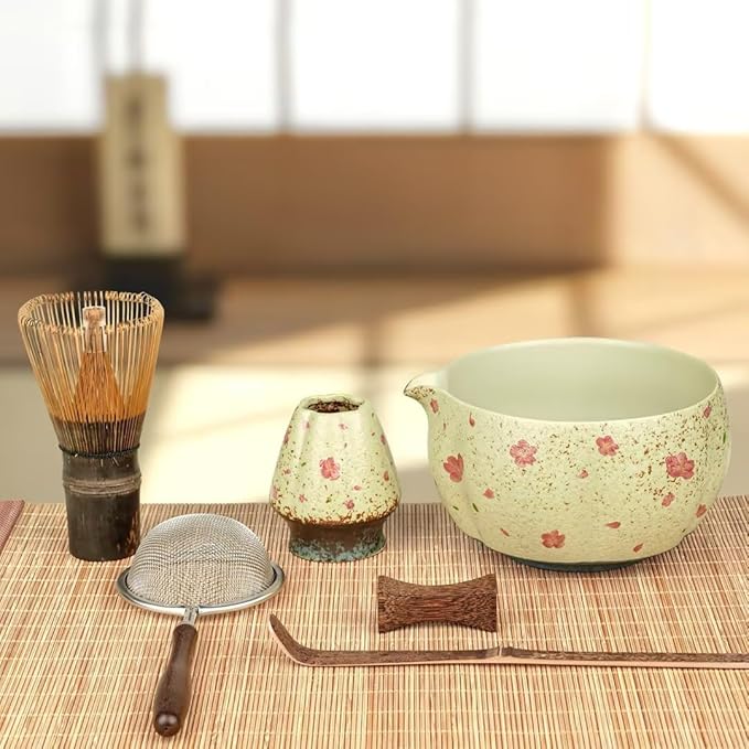 7-Piece Matcha Set with Ceramic Matcha Bowl, Bamboo Whisk (Chasen) & Holder, Sifter, Tea Scoop & Rest, Special Bamboo Tea Mat - Perfect Matcha Kit for Matcha Lovers & Gift Giving, Sakura
