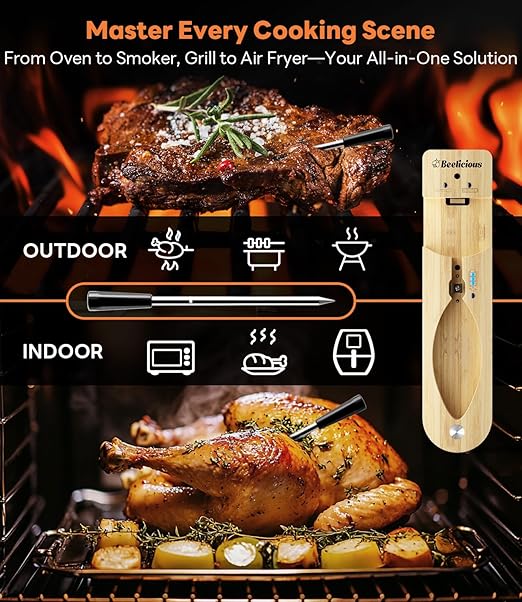 Beelicious Pro Wireless Meat Thermometer – Stable Bluetooth Smart Probe with ±1.8℉ Accuracy, 0.5s Fast Response & Long-Lasting Battery, IP67 Waterproof, App Controlled for Grill, Oven, Air Fryer