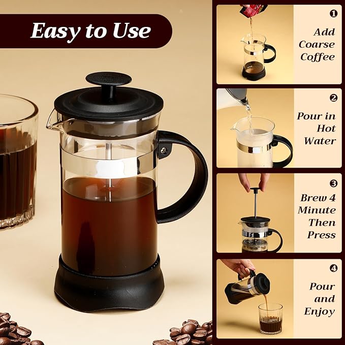 LemonRoad 4 Pack French Press Coffee Maker Borosilicate Glass Coffee Press Heat Resistant Stainless Steel Tea Maker for Travel Camping Kitchen Gifts Includes Pot Filters (34oz)