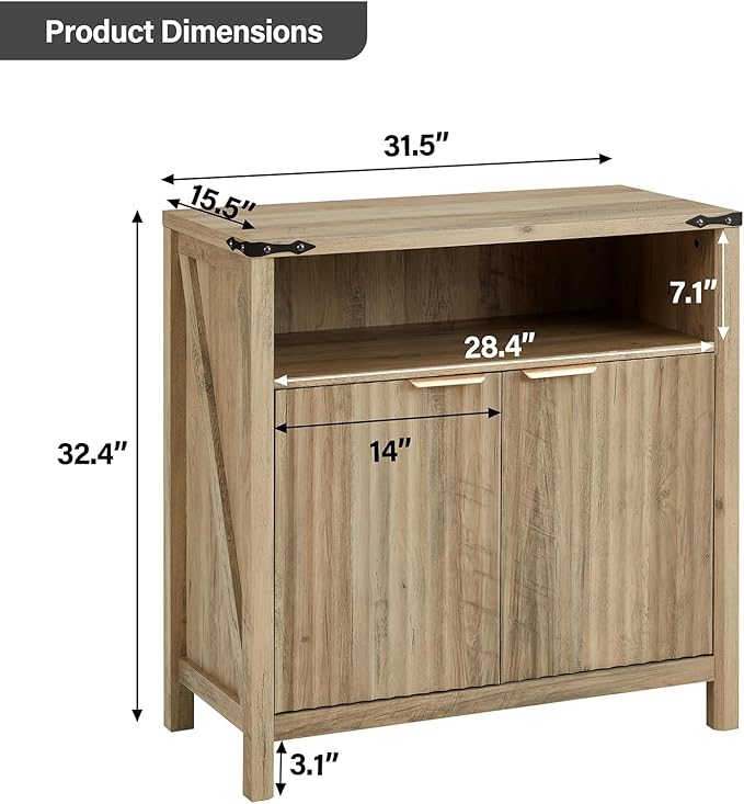 32 Inch Fluted Sideboard Buffet Cabinet with Storage, Modern Farmhouse Accent Credenza with Adjustable Shelves, Coffee Wine Bar Organizer for Kitchen, Living Room (Sunwashed Ash Oak)