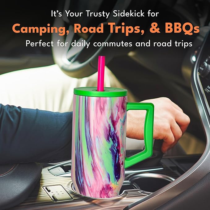 Elemental 40 oz Tumbler with Handle and Straw - Spill Proof Insulated Stainless Steel Commuter for Hot and Cold Beverages - Travel Coffee Mug with 2 Straws & Spill Proof Lid - 40oz - Aurora Dream