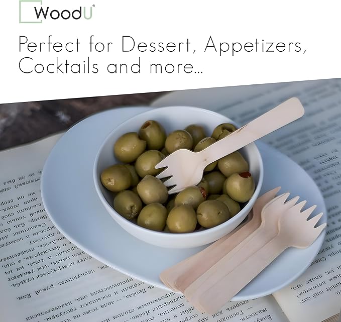 Mini wooden spork disposable Perfect for Dessert, Appetizers, Cocktails, Eco-Friendly spork wood for sample & tasting, Biodegradable & compostable | 100% All-Natural - Pack of 100-4” by WoodU