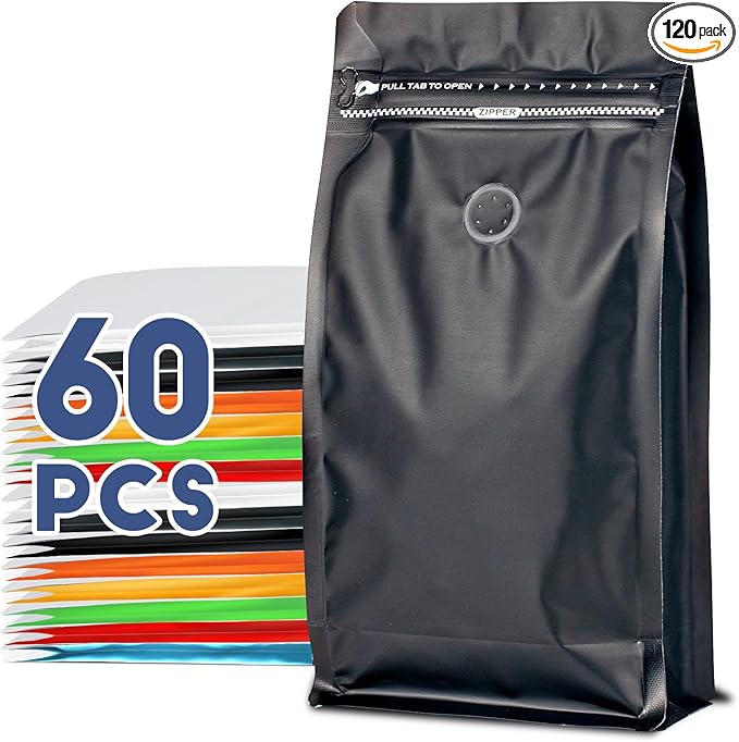 Coffee Bags with Valve(60pcs,4 oz,0.25 lb) Vented Coffee Beans Packaging Bags High Barrier Aluminumed Foil Flat Bottom Heat Sealed Side Zipper Resealable Storage Bag for Home or Business（Black ）