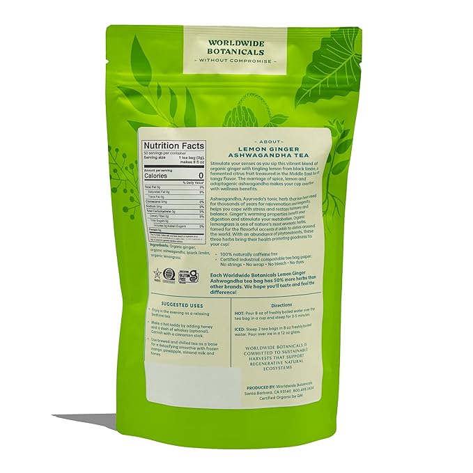 Worldwide Botanicals Lemon Ginger Ashwagandha Tea, 50 Tea Bags - 50% more herbs with 3g per teabag - Caffeine-Free, Made with Organic Herbs and Adaptogens - Kosher, 50 Tagless Eco-Friendly Tea-Bags