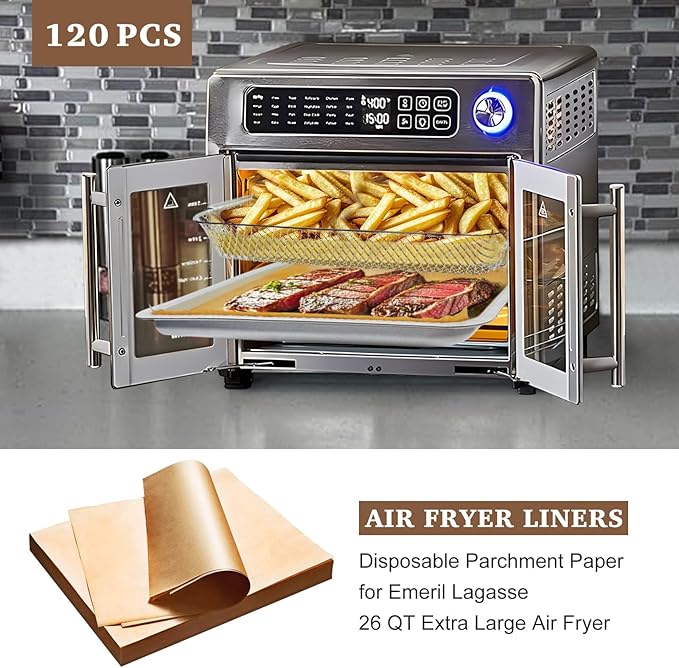 KAWENDE 120 Pcs Air Fryer Liners, 10''x11'' Disposable Compatible with Emeril Lagasse 26 QT French Door 360 Air Fryer, Parchment Paper Sheets for Air Fryer Accessories