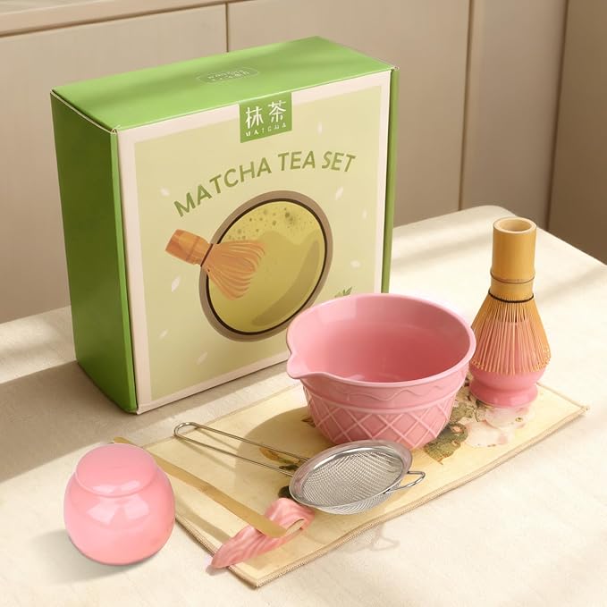 Sakura Pink Matcha Whisk Set-8pcs,Japanese Tea Set Includes Matcha Bowl with Ice Cream Design, Tea Mat and Matcha Canister, 16OZ Matcha Kit for Ceremony